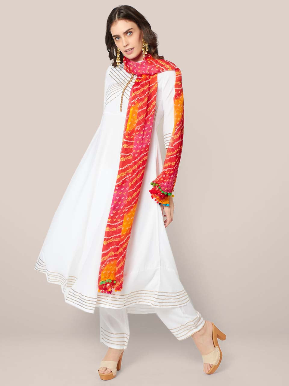 Multicoloured Bandhini Printed chiffon Dupatta with Pompom freeshipping - Dupatta Bazaar