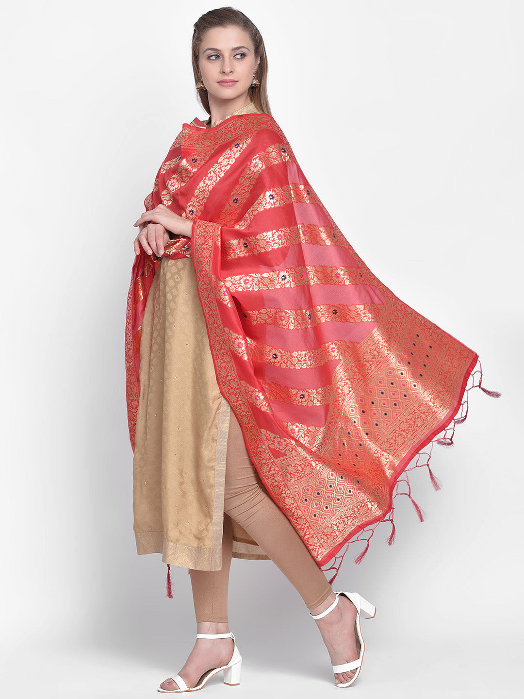 Dupatta Bazaar Woman's Red Banarasi Silk Dupatta with floral design. - Dupatta Bazaar
