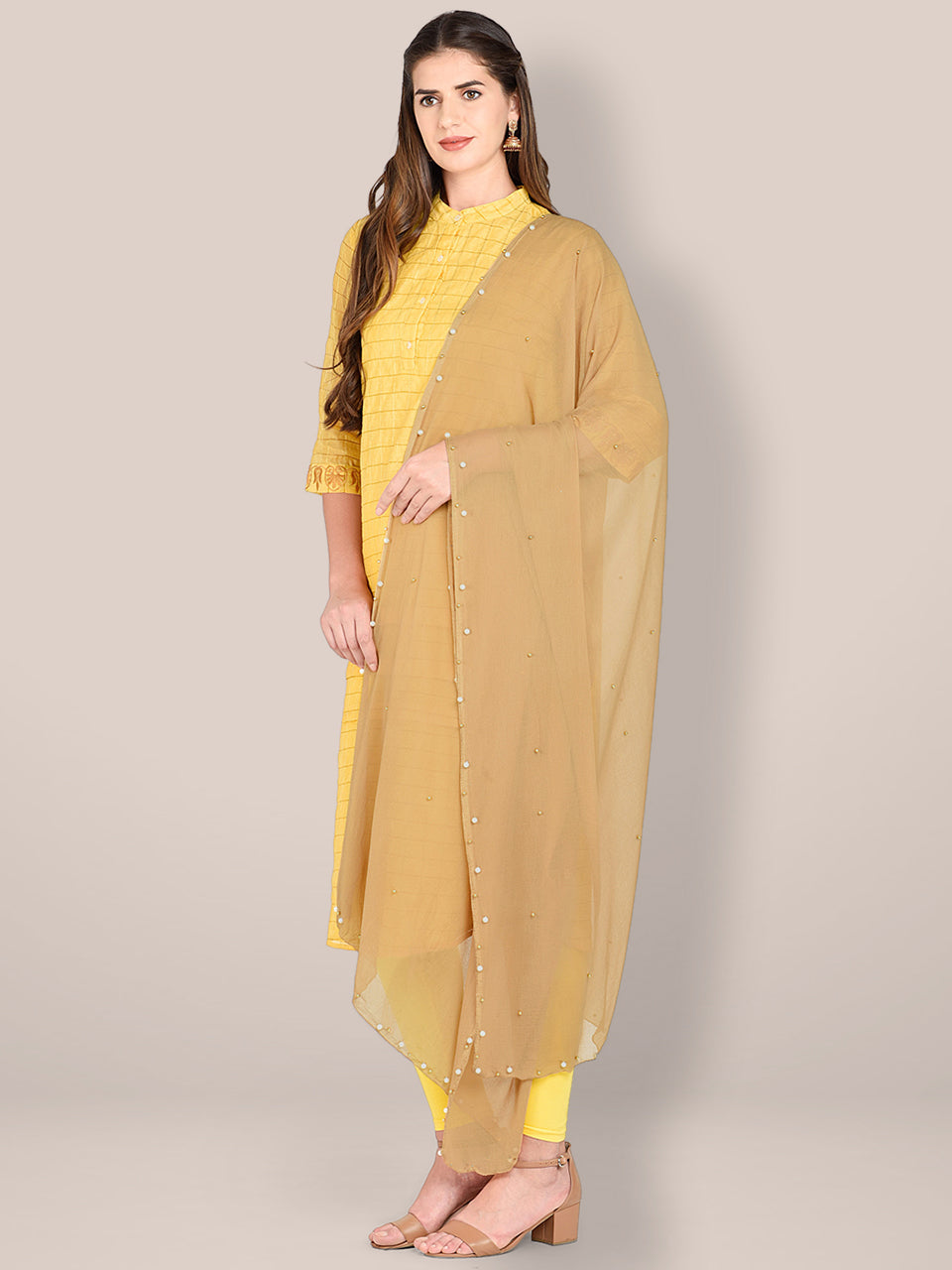 Embellished Beige Chiffon Dupatta freeshipping - Dupatta Bazaar