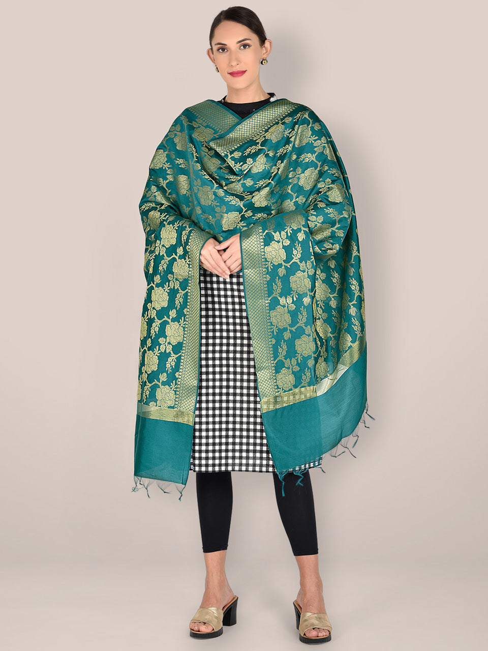 Banarasi Teal Silk Dupatta with Floral Jaal freeshipping - Dupatta Bazaar