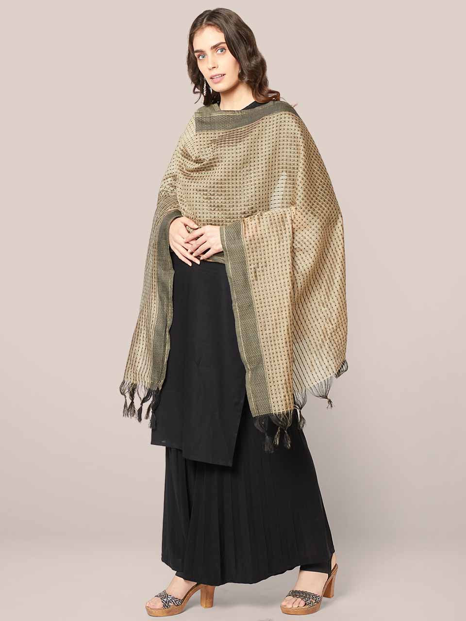 Woven Dark Beige & Black Striped Cotton Chanderi Dupatta freeshipping - Dupatta Bazaar