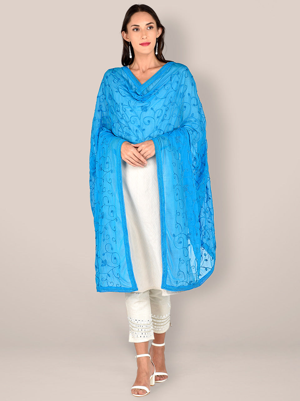 Turquoise Blue Embroidered  Chiffon Dupatta freeshipping - Dupatta Bazaar
