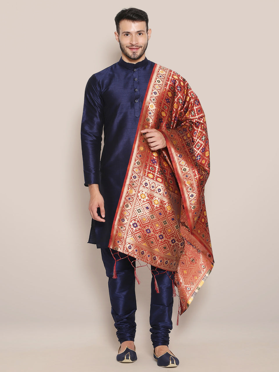 Men's Red Banarasi Silk Dupatta. freeshipping - Dupatta Bazaar