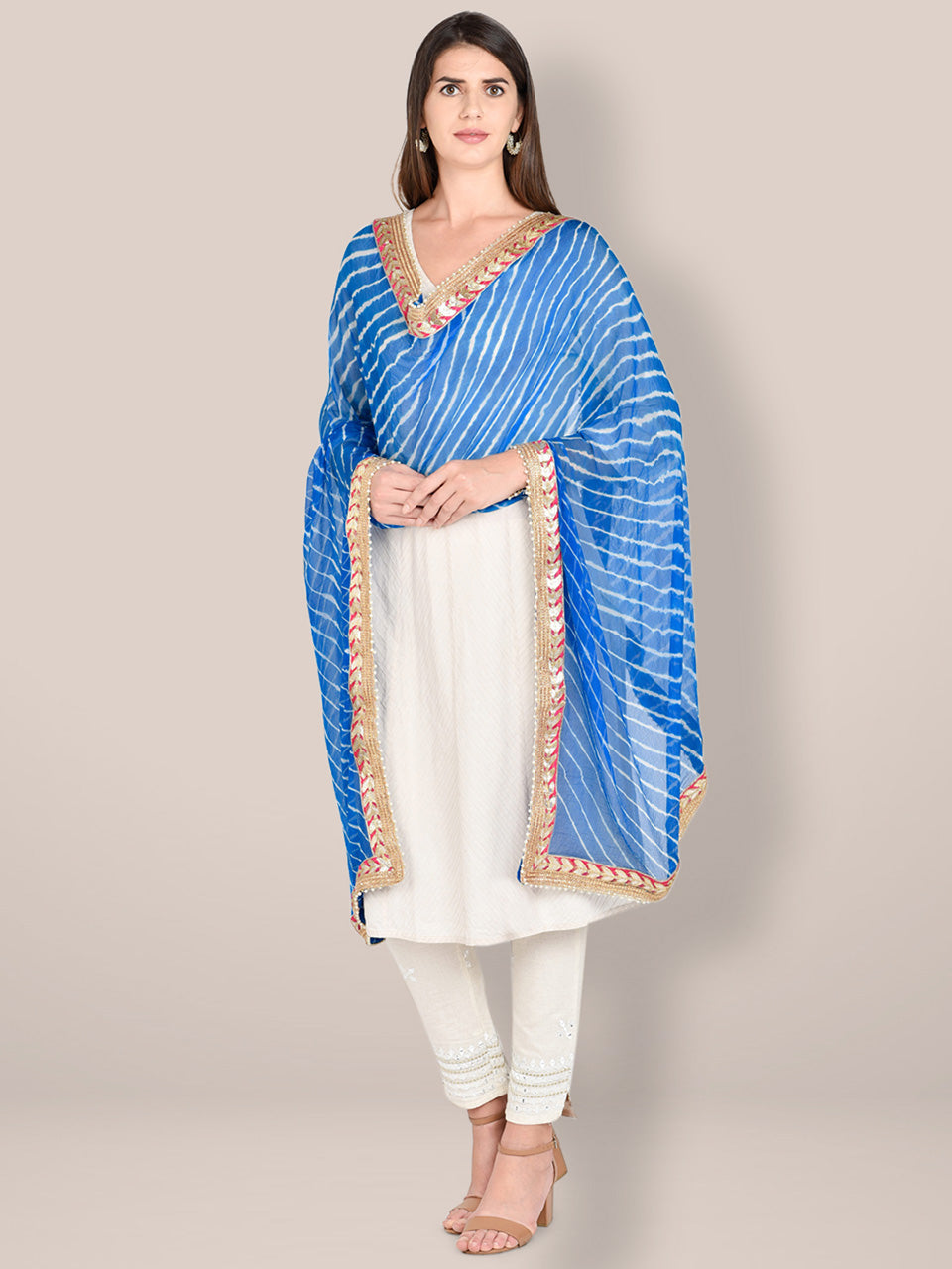 Blue Leharia Chiffon Dupatta with Gotta Patti Border freeshipping - Dupatta Bazaar