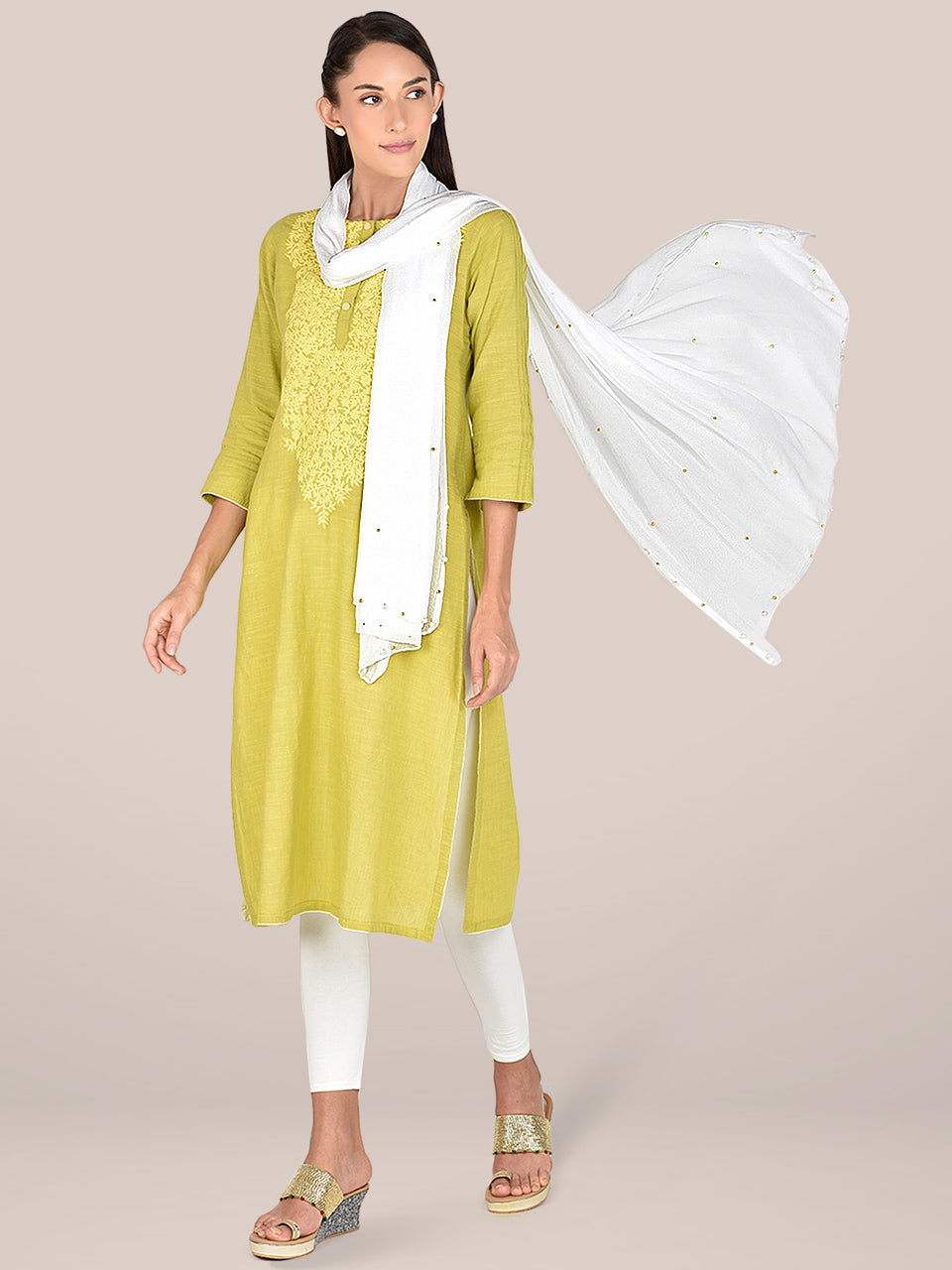 WhiteChiffon Dupatta with Pearls & Beads freeshipping - Dupatta Bazaar