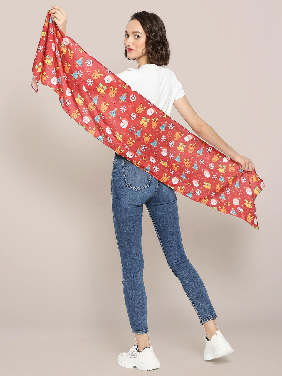 Printed Red Silk Blend Scarf/ Stole