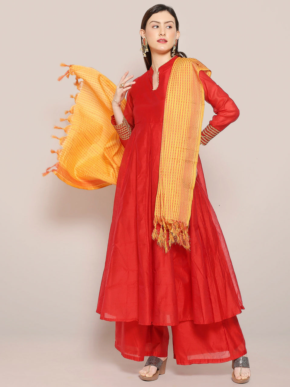 Woven Yellow & Red Checkered Cotton Dupatta with Polka dots freeshipping - Dupatta Bazaar