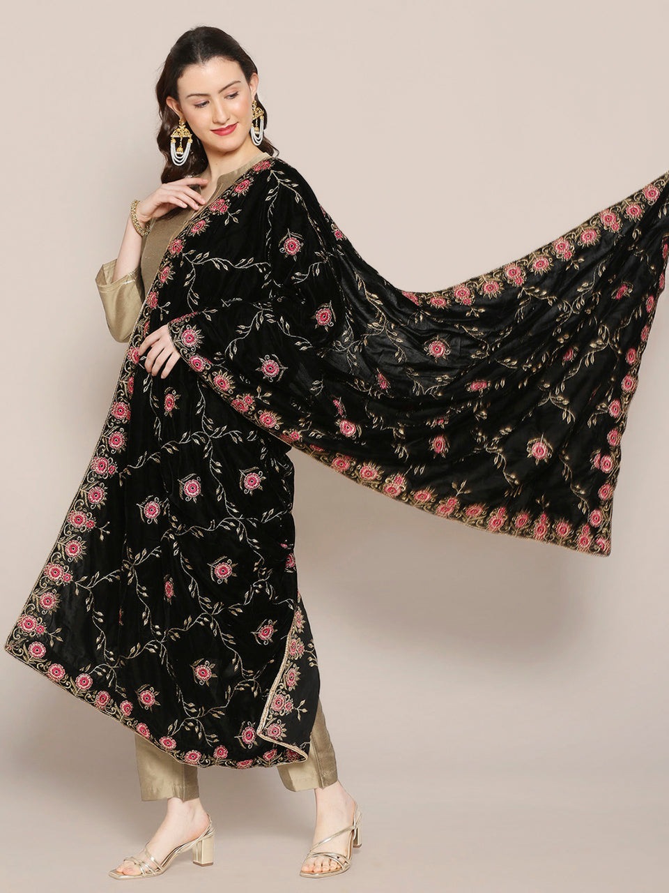 Black Velvet Dupatta with Pink Jaal Embroidery freeshipping - Dupatta Bazaar