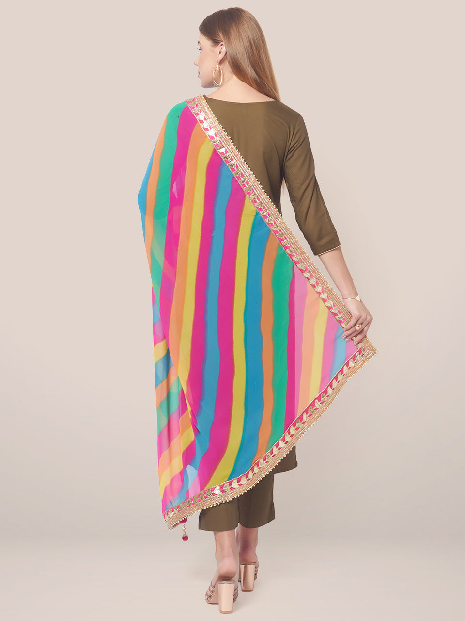 Georgette dupatta with Multi Colour Stripes and Gotta Patti border freeshipping - Dupatta Bazaar