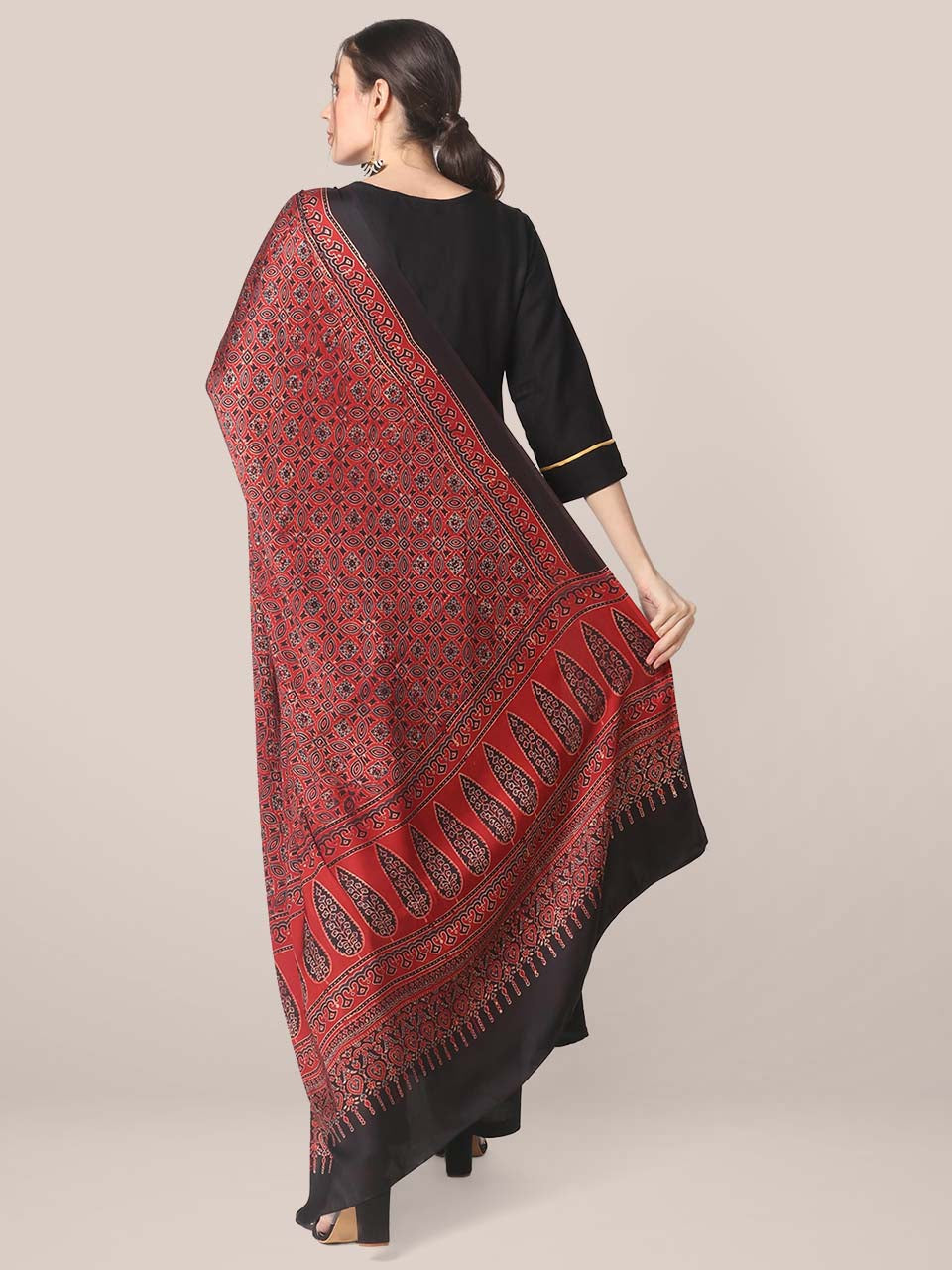 Maroon Modal Silk handblock Printed Ajrakh Dupatta freeshipping - Dupatta Bazaar