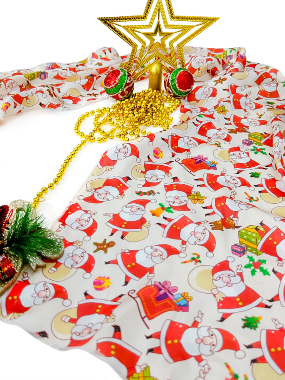 Printed Cream & Multicolor Satin Christmas Holiday Scarf/ Stole 