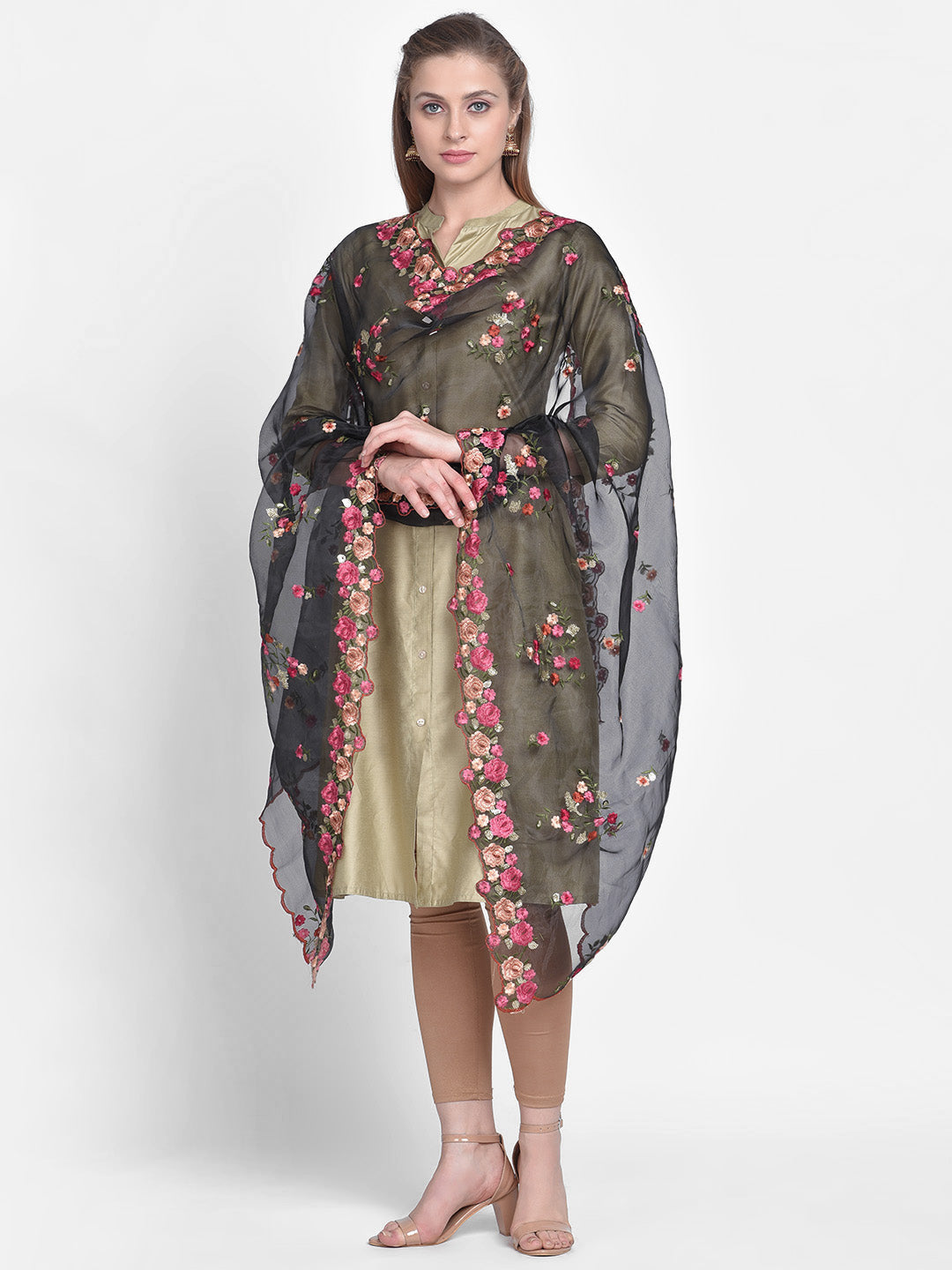 Dupatta Bazaar Woman's Black Organza Dupatta with Multicolor Floral Embroidery - Dupatta Bazaar