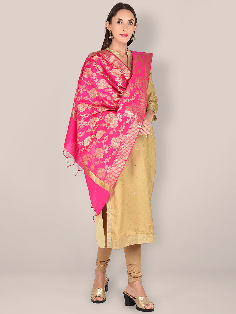 Banarasi Rani Pink Silk Dupatta with Floral Jaal freeshipping - Dupatta Bazaar