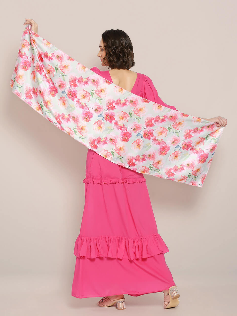 Pink & Multicolor Printed Satin Scarf
