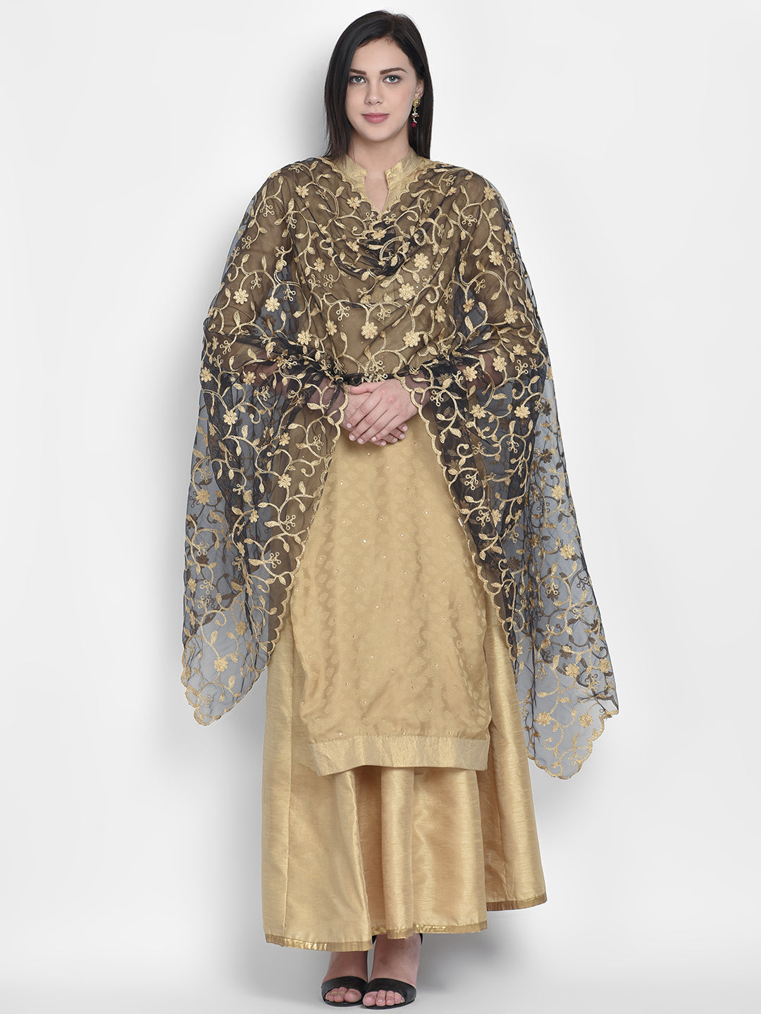 Dupatta Bazaar Woman's Black Embroidered Net Dupatta - Dupatta Bazaar