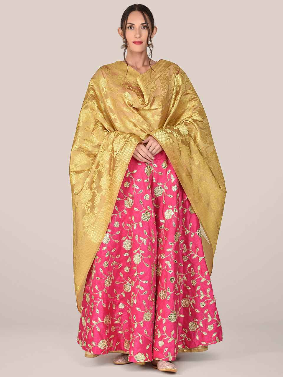 Banarasi Gold Silk Dupatta with Floral Jaal freeshipping - Dupatta Bazaar