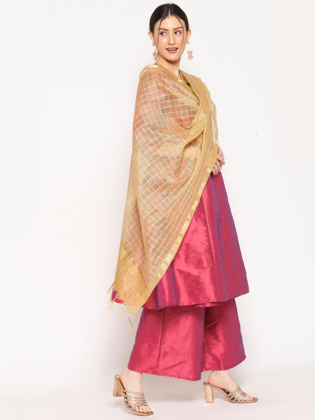 Gold Blended Silk Dupatta with Self checkered Pattern 