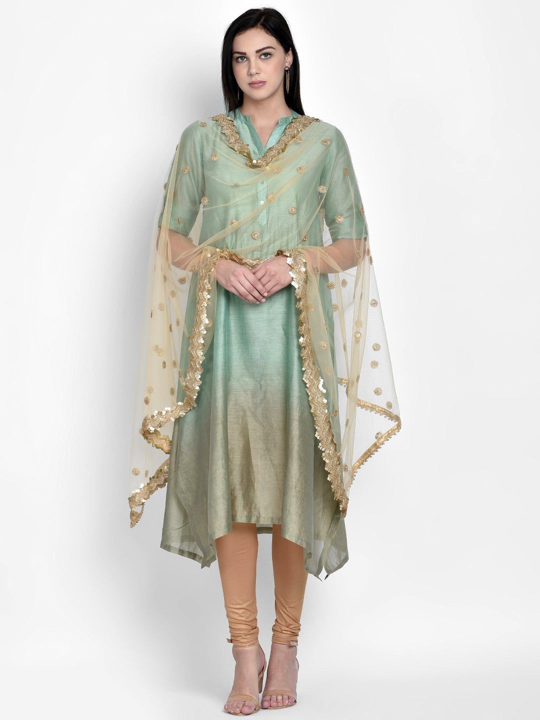 Dupatta Bazaar Woman's Embroidered Gold Net Dupatta - Dupatta Bazaar