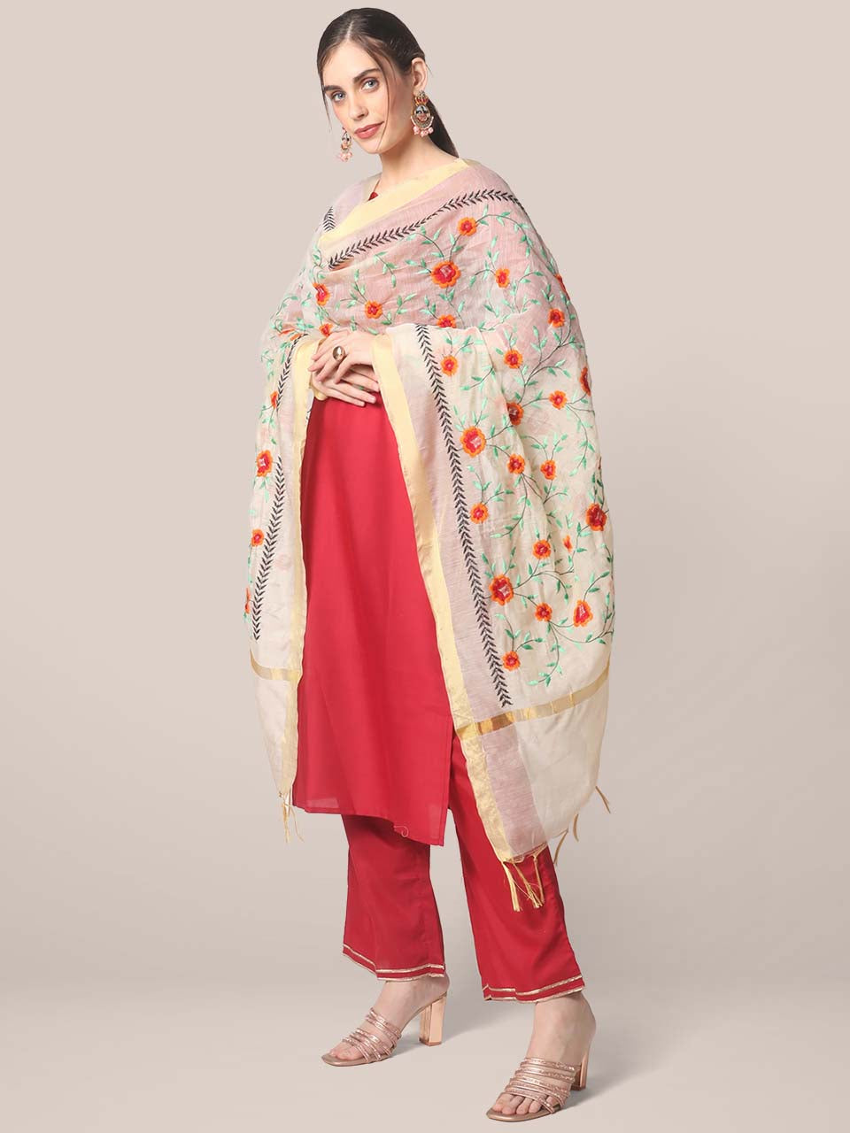 Cream Silk Dupatta with Multicoloured Floral Embroidery freeshipping - Dupatta Bazaar