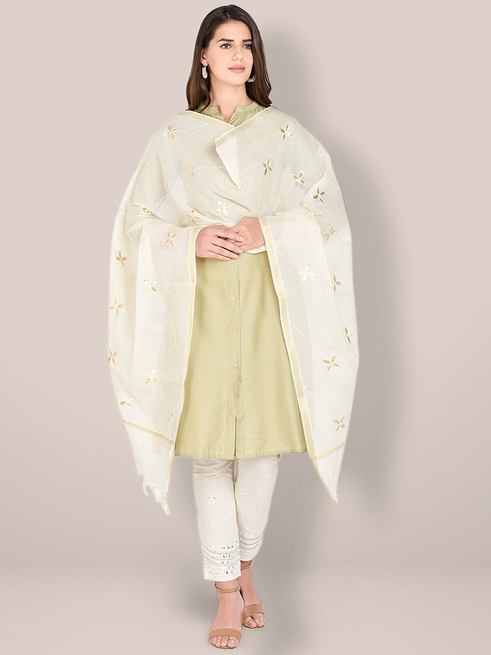 Cream Cotton Dupatta with Gotta Patti Work freeshipping - Dupatta Bazaar