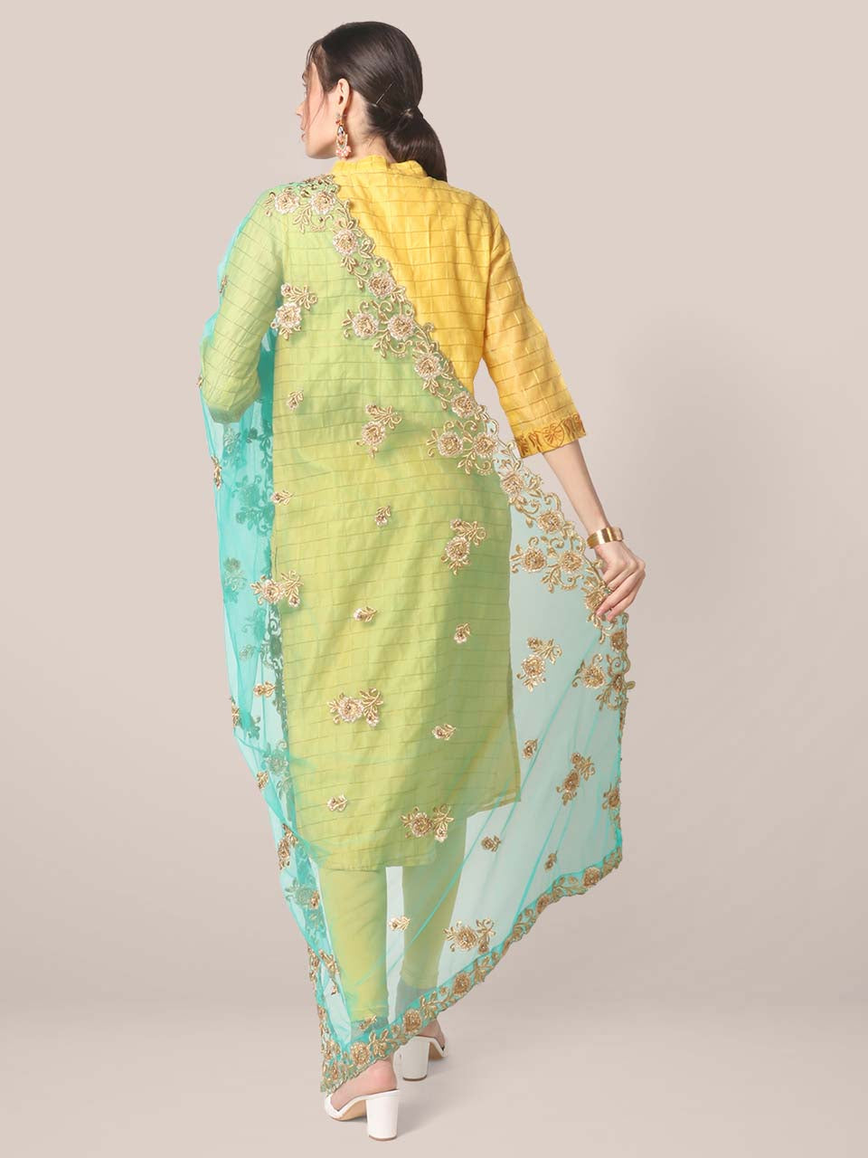 Sea Green Embroidered Net Dupatta with Cutwork freeshipping - Dupatta Bazaar