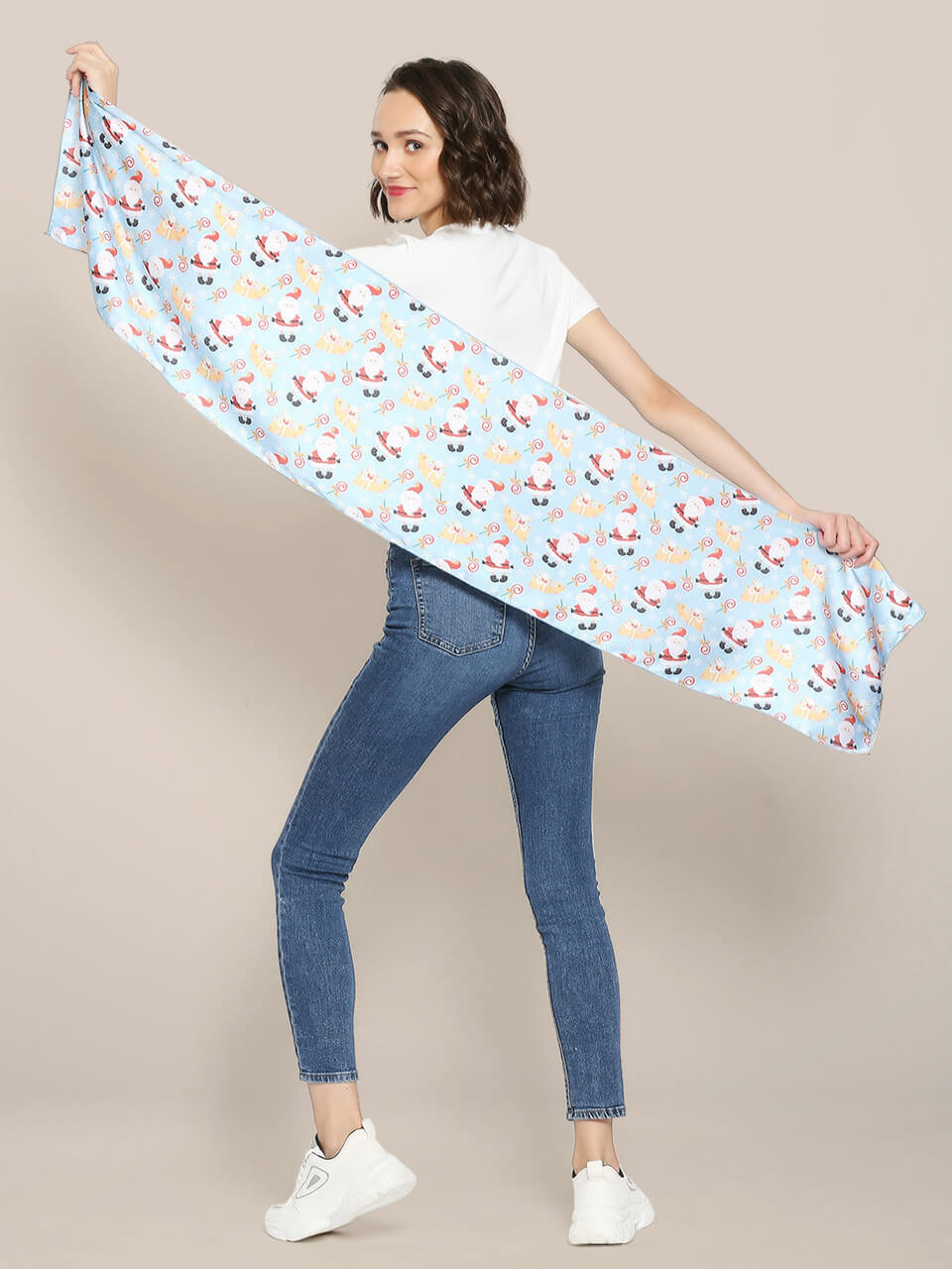 Printed Sky Blue Satin Christmas Holiday Scarf/ Stole