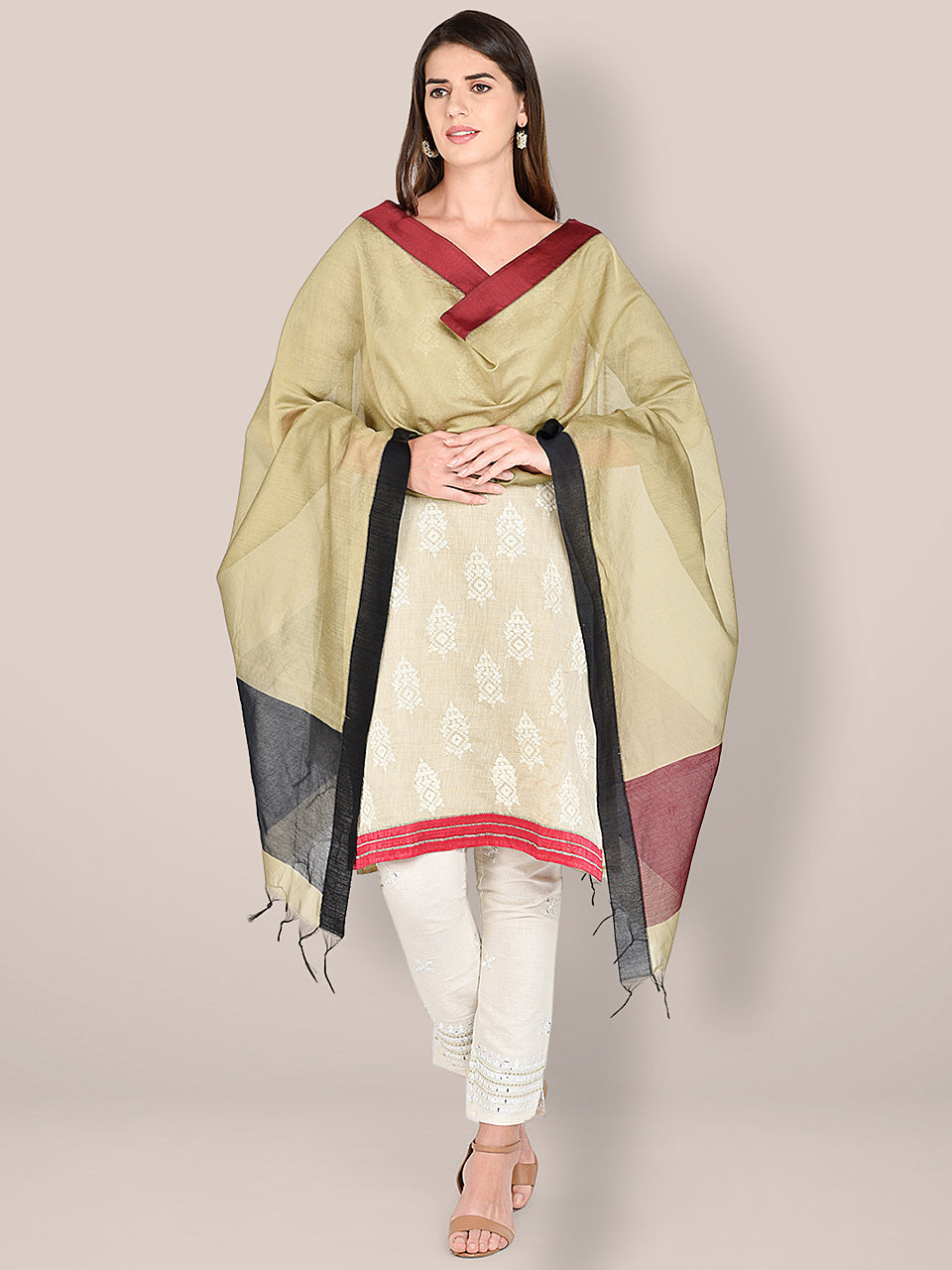 Chanderi Silk Dupatta with Black & Maroon Border freeshipping - Dupatta Bazaar