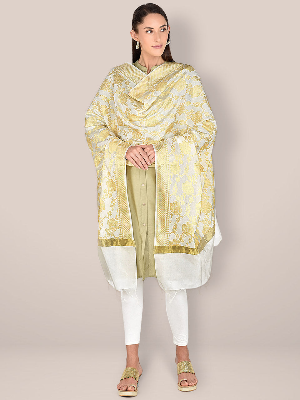 Banarasi White Silk Dupatta with Floral Jaal freeshipping - Dupatta Bazaar