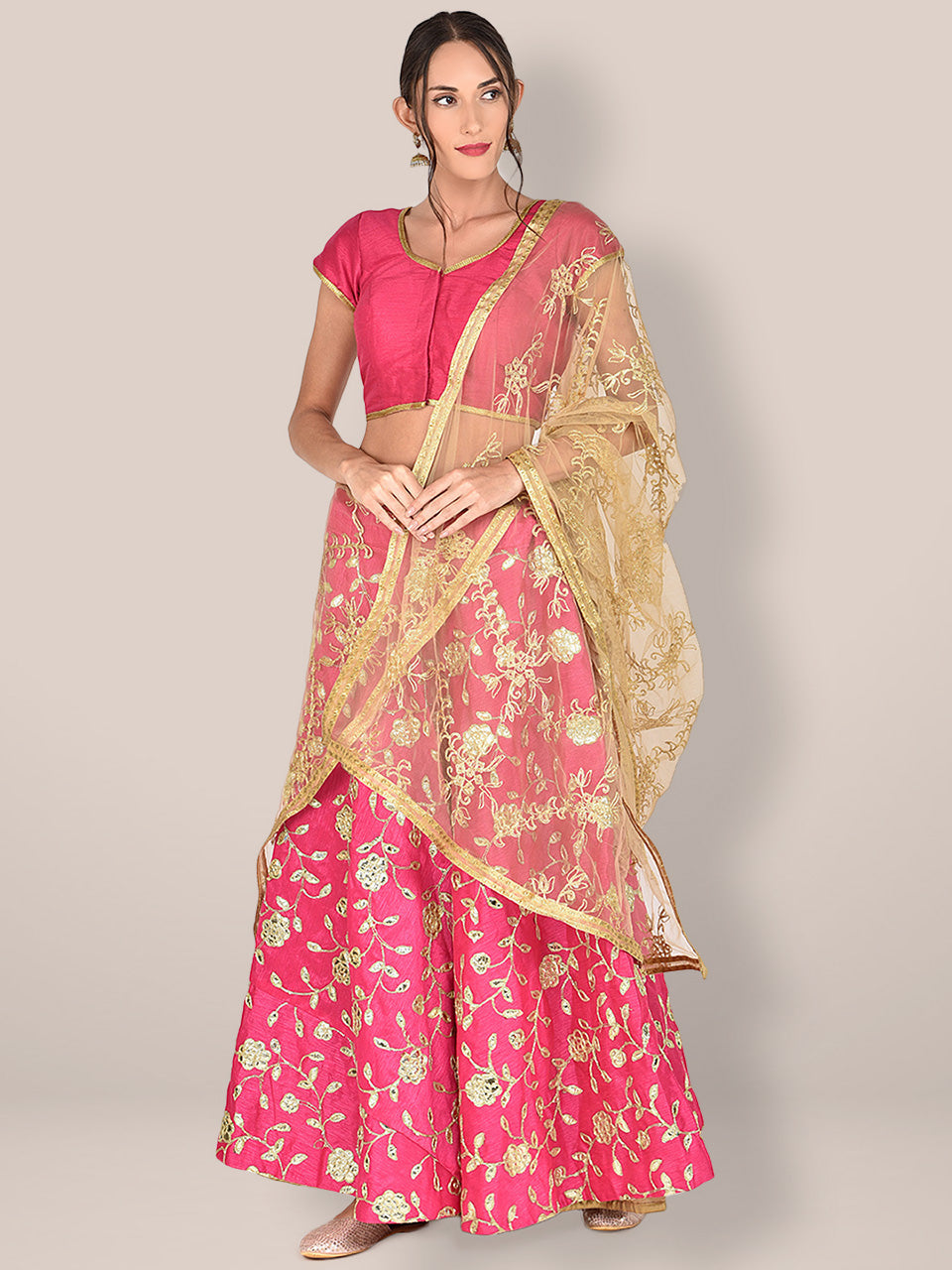 Embroidered Gold Net Dupatta freeshipping - Dupatta Bazaar