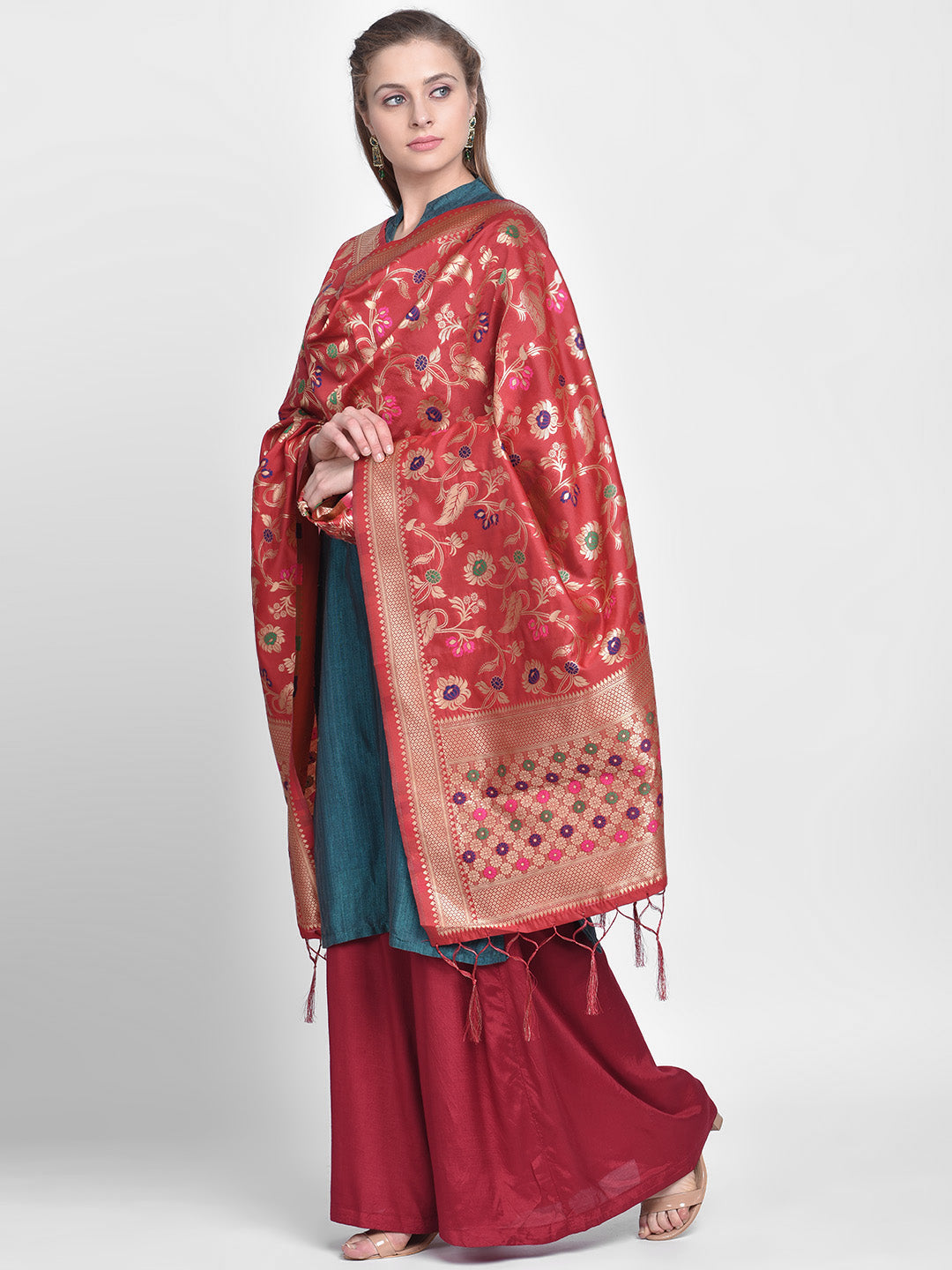 Dupatta Bazaar Woman's Red Banarasi Silk Dupatta with floral Jaal - Dupatta Bazaar