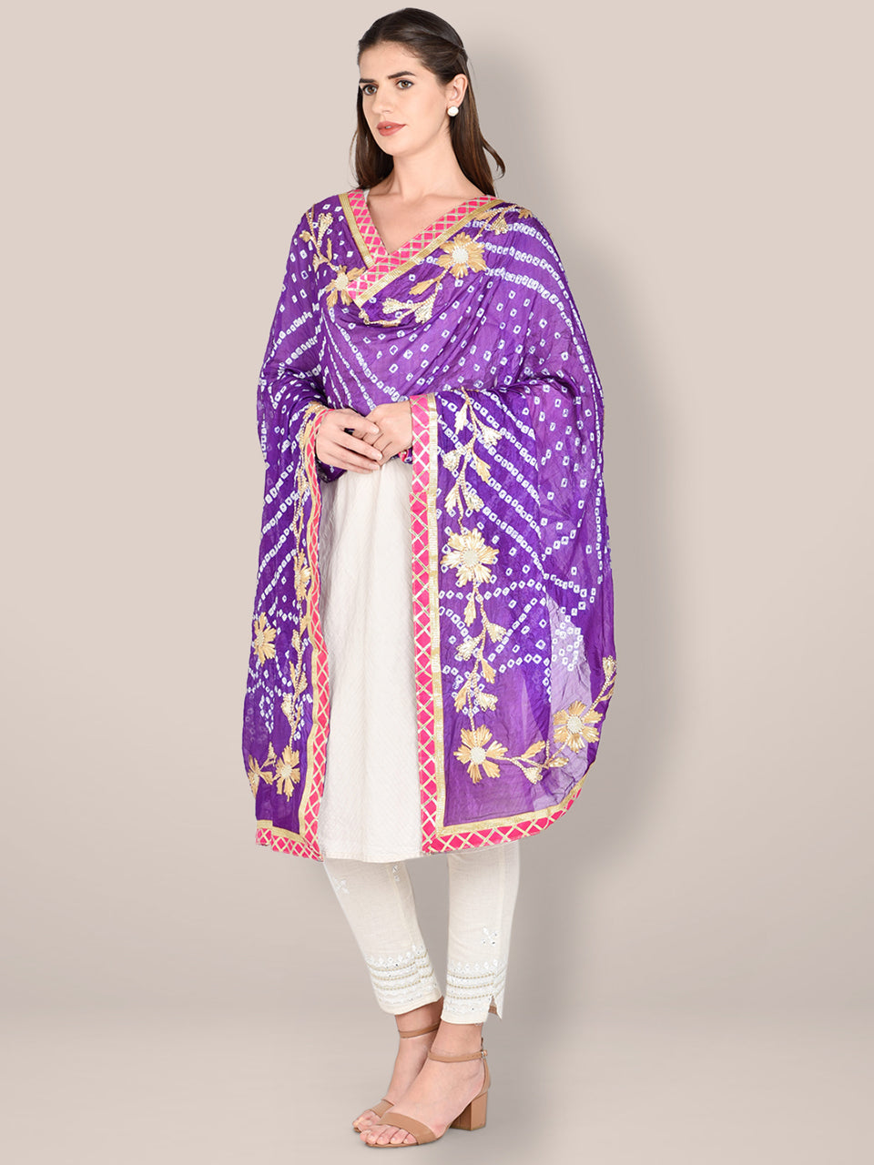 Purple Bandhini Dupatta with Gotta Patti Work. freeshipping - Dupatta Bazaar