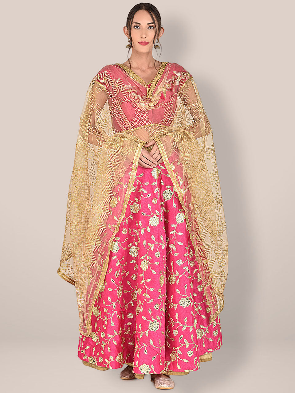 Embellished Gold Net Dupatta freeshipping - Dupatta Bazaar