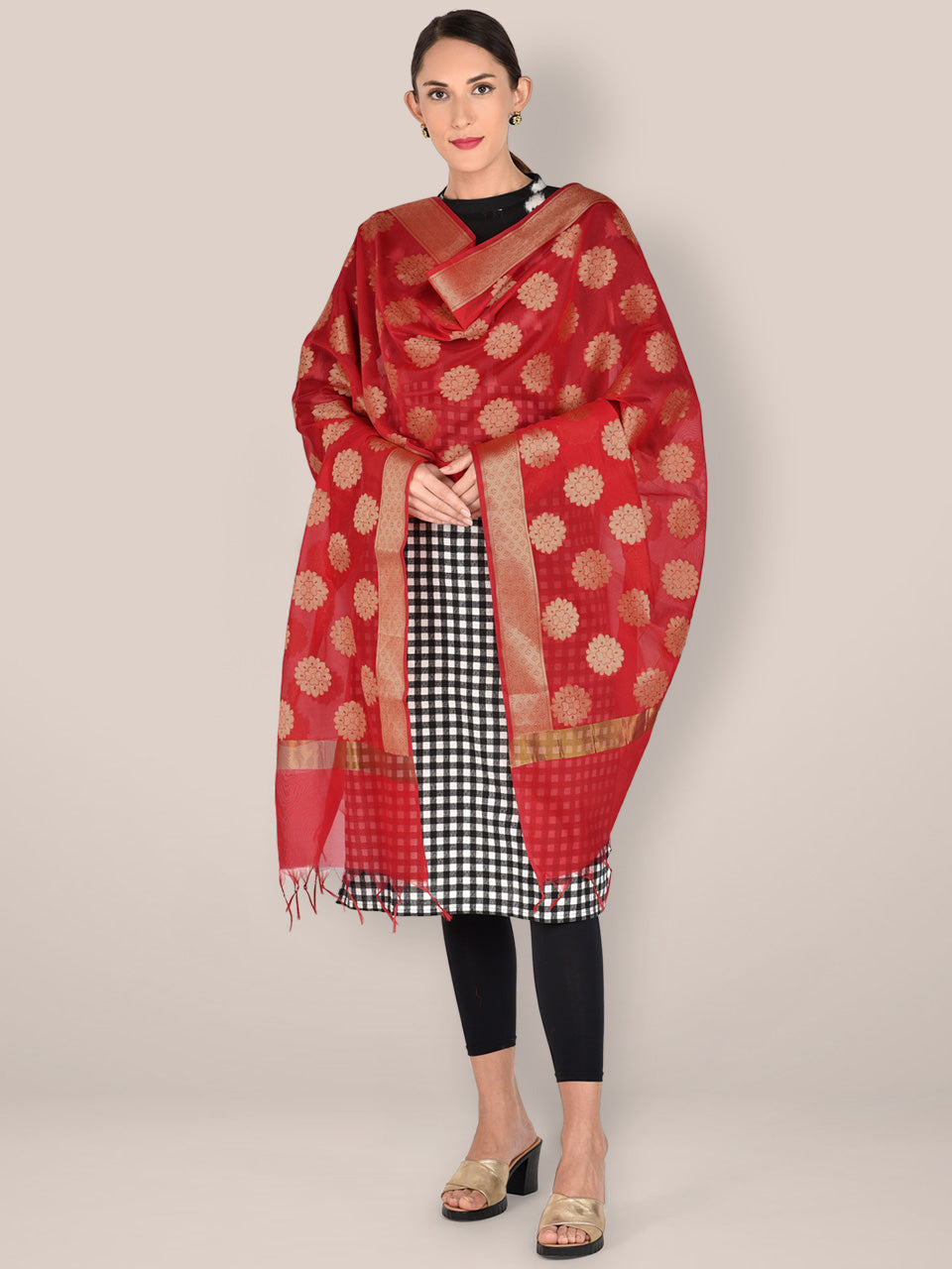 Red Banarasi Silk Dupatta. freeshipping - Dupatta Bazaar