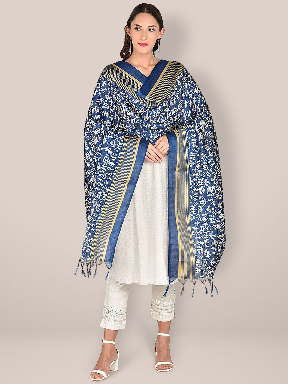 Floral Printed Blue & White Art Silk Dupatta freeshipping - Dupatta Bazaar