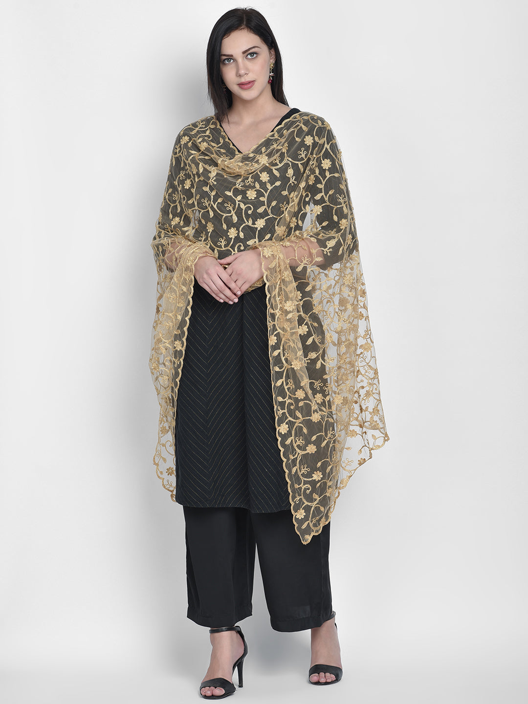 Dupatta Bazaar Woman's Gold Embroidered Net Dupatta - Dupatta Bazaar