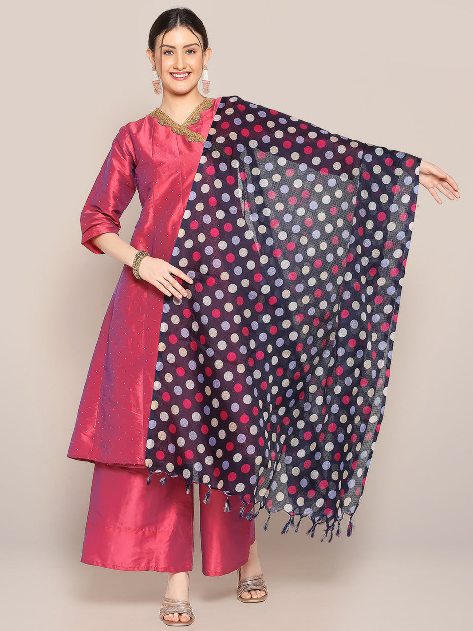 Polka Digital Printed Navy Blue & Pink Kota Doria Dupatta freeshipping - Dupatta Bazaar