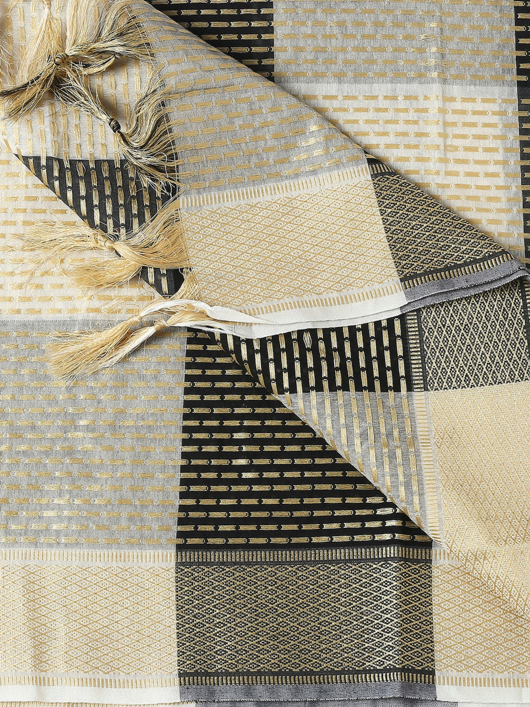 Cream & Black Checkered Dupatta with Polka dots freeshipping - Dupatta Bazaar