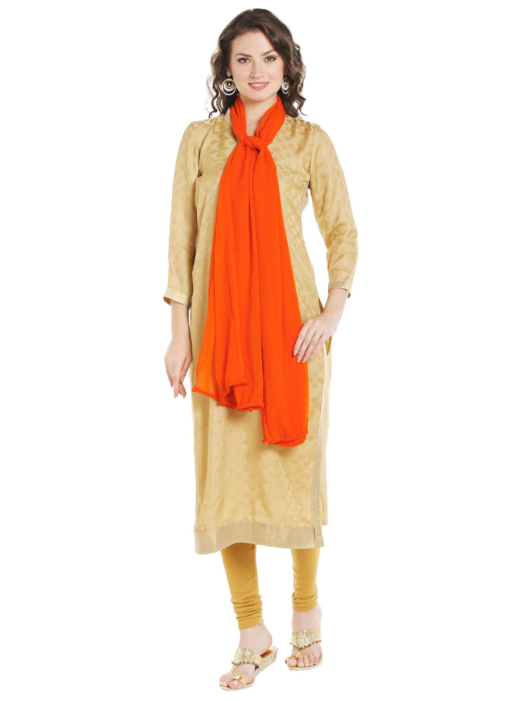 Dupatta Bazaar Woman's Orange Chiffon Dupatta with Beaded Lace - Dupatta Bazaar