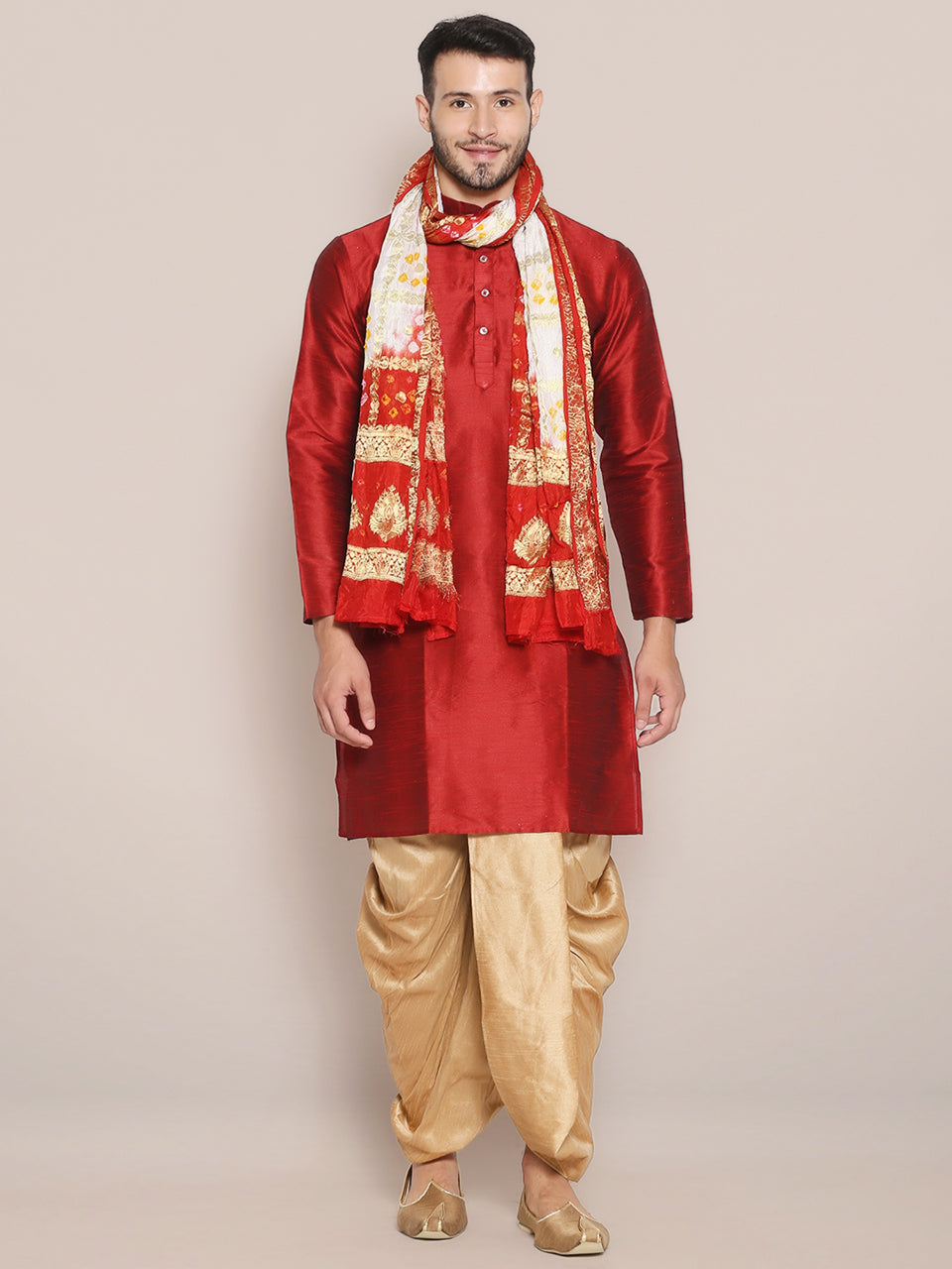 Men's White & Red Banarasi Bandhani Gharchola Silk freeshipping - Dupatta Bazaar
