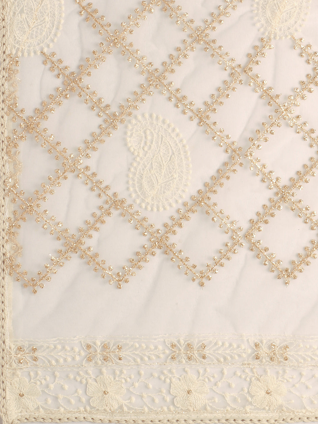 Cream Lucknowi Net Dupatta with Gold Embroidery freeshipping - Dupatta Bazaar