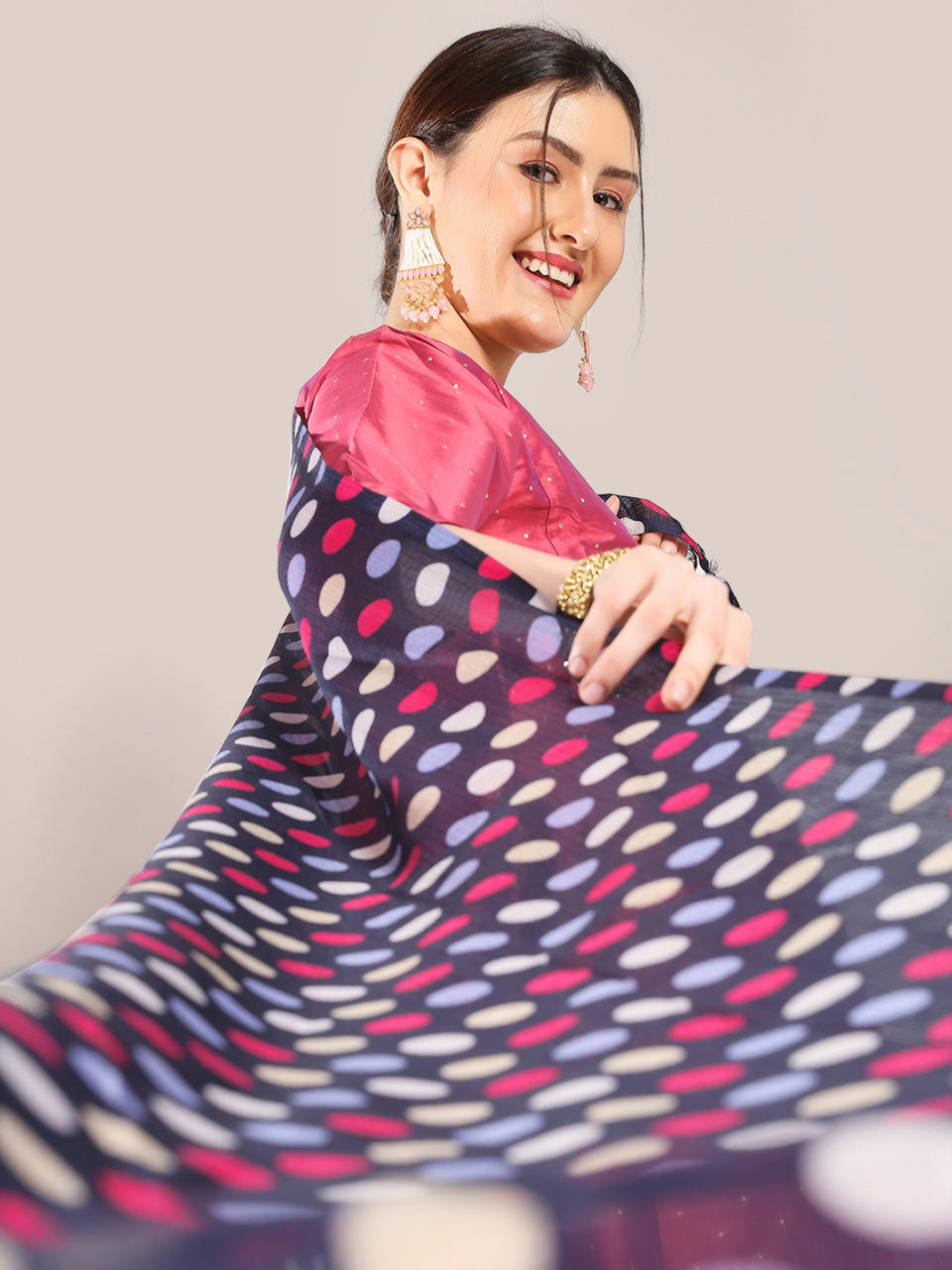 Polka Digital Printed Navy Blue & Pink Kota Doria Dupatta freeshipping - Dupatta Bazaar