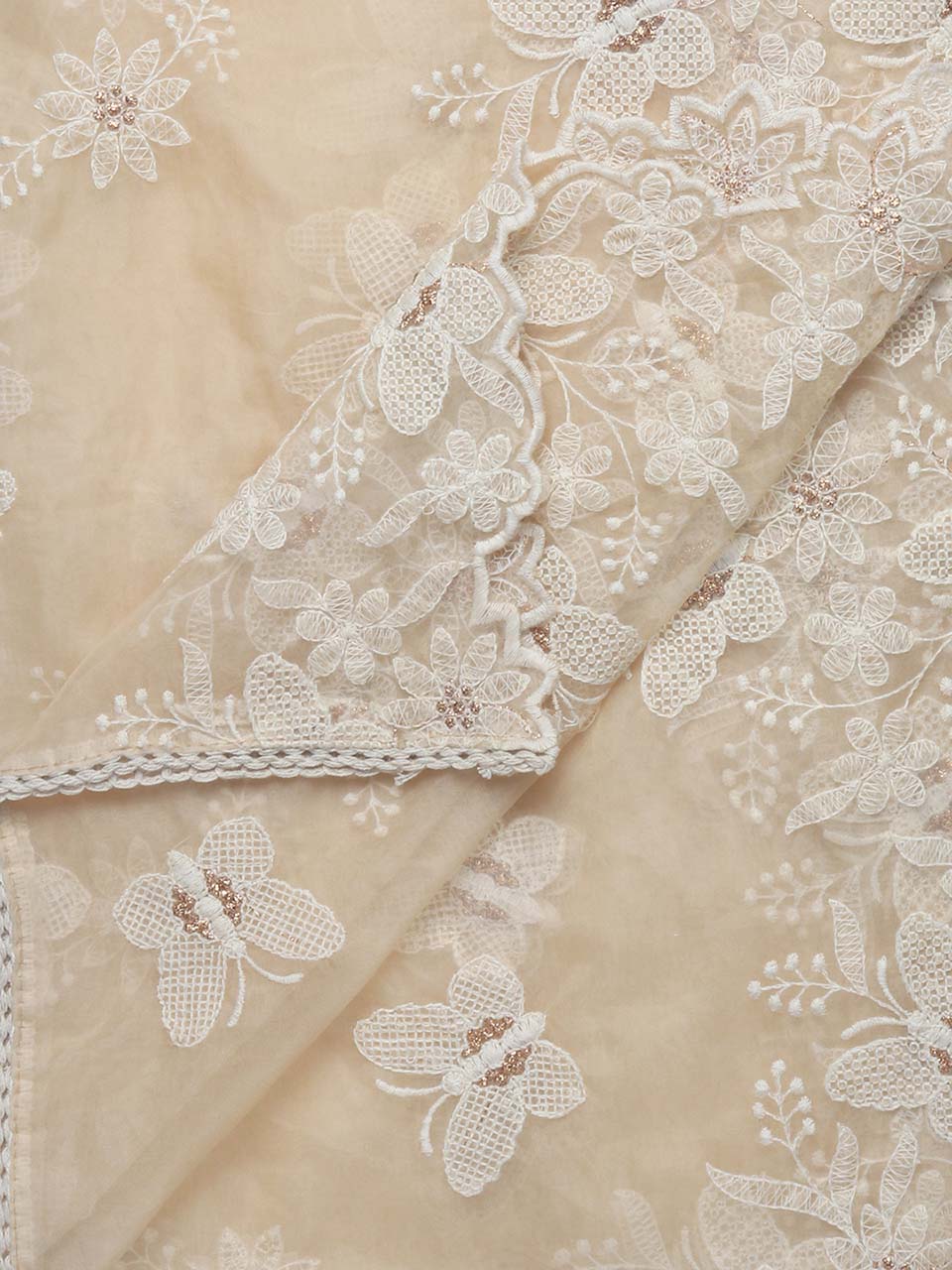 Beige Organza Dupatta with Butterfly Embroidery freeshipping - Dupatta Bazaar