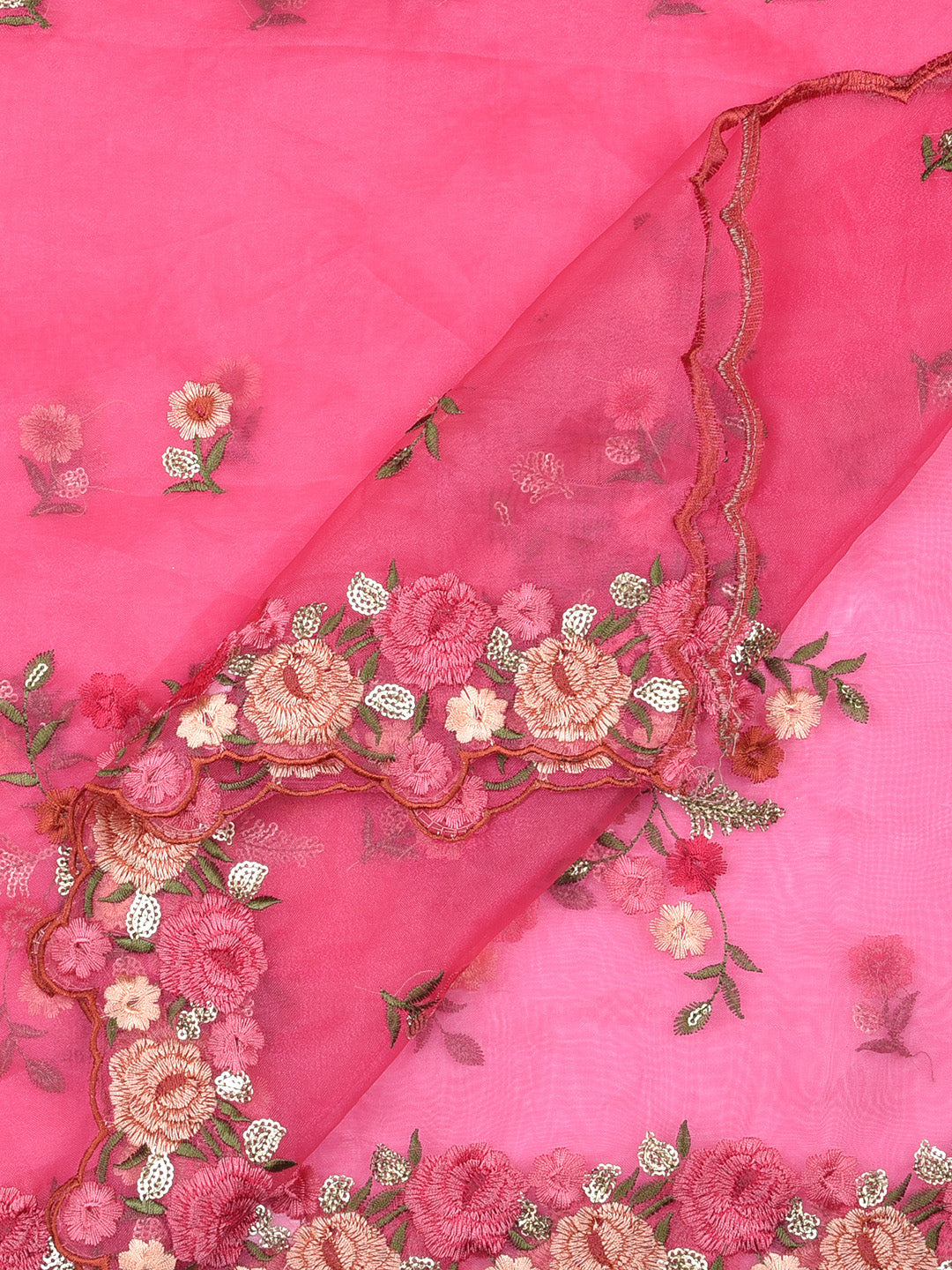 Dupatta Bazaar Woman's Pink Organza Dupatta with Multicolor Floral Embroidery - Dupatta Bazaar
