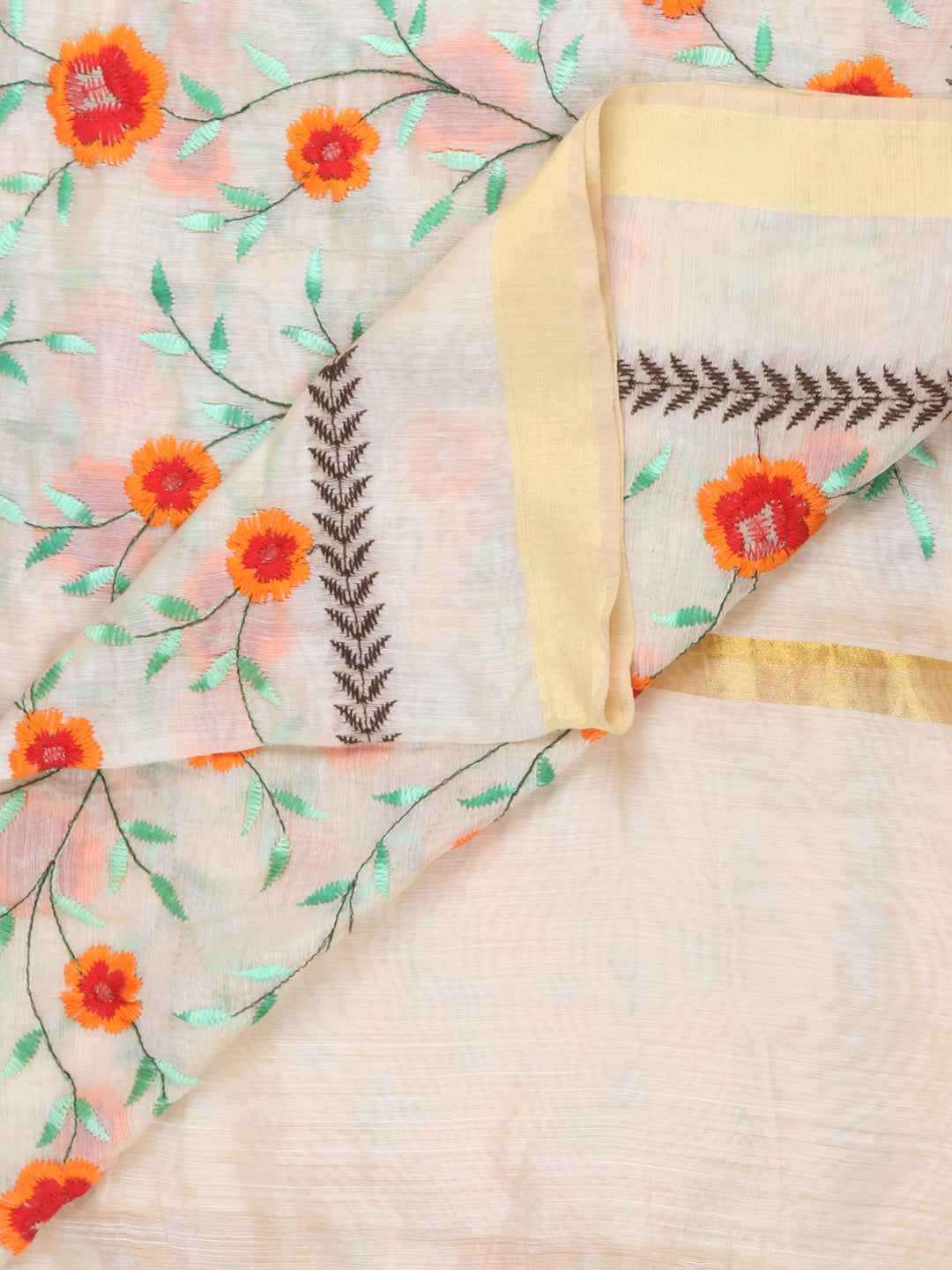 Cream Silk Dupatta with Multicoloured Floral Embroidery freeshipping - Dupatta Bazaar