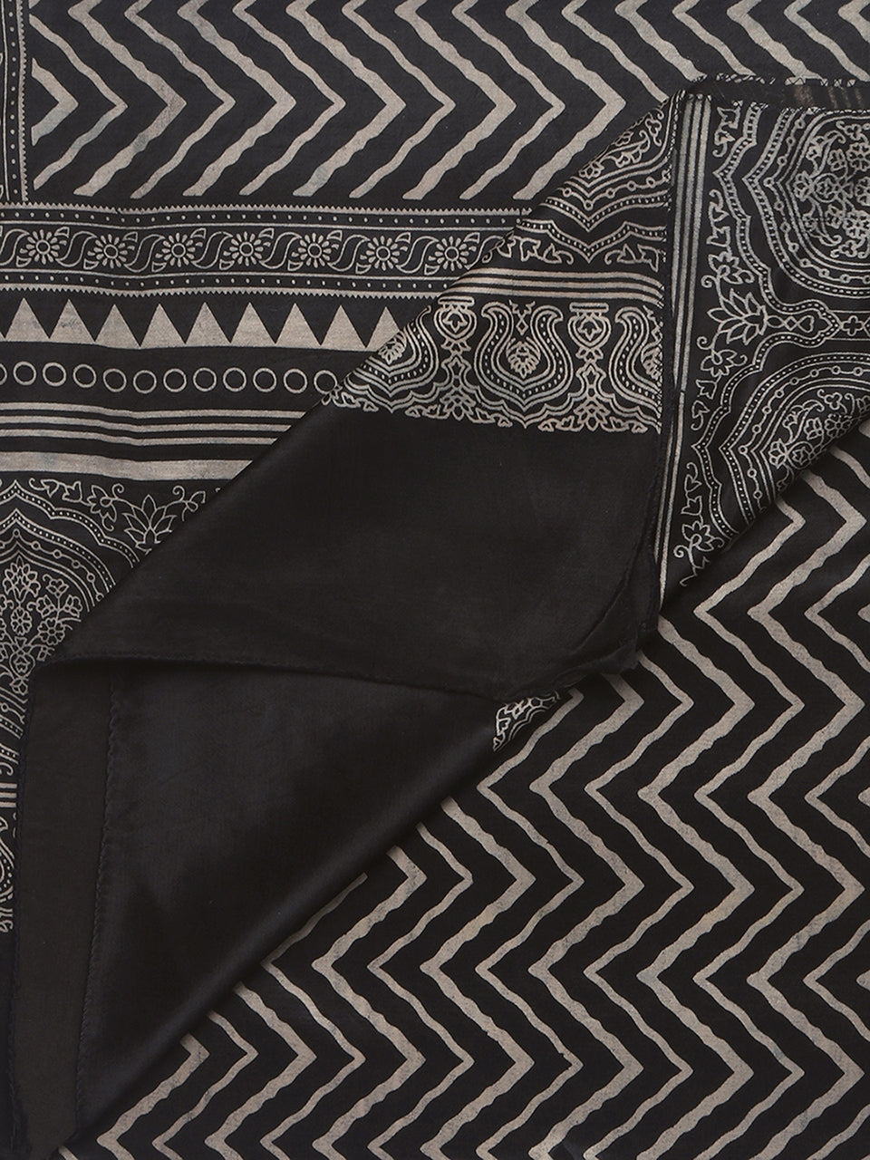 Black Hand Block Print Mushru Stole freeshipping - Dupatta Bazaar