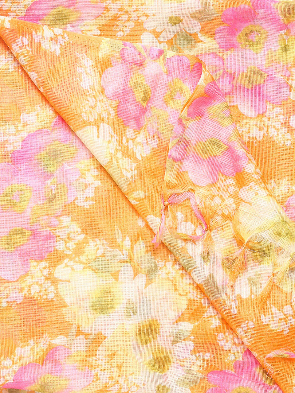 Digital Printed Floral Orange & Pink Kota Doria Dupatta freeshipping - Dupatta Bazaar