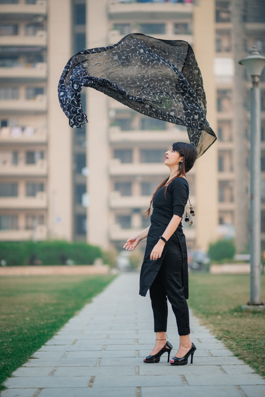 Chiffon Black & White Embrodiered  dupatta freeshipping - Dupatta Bazaar