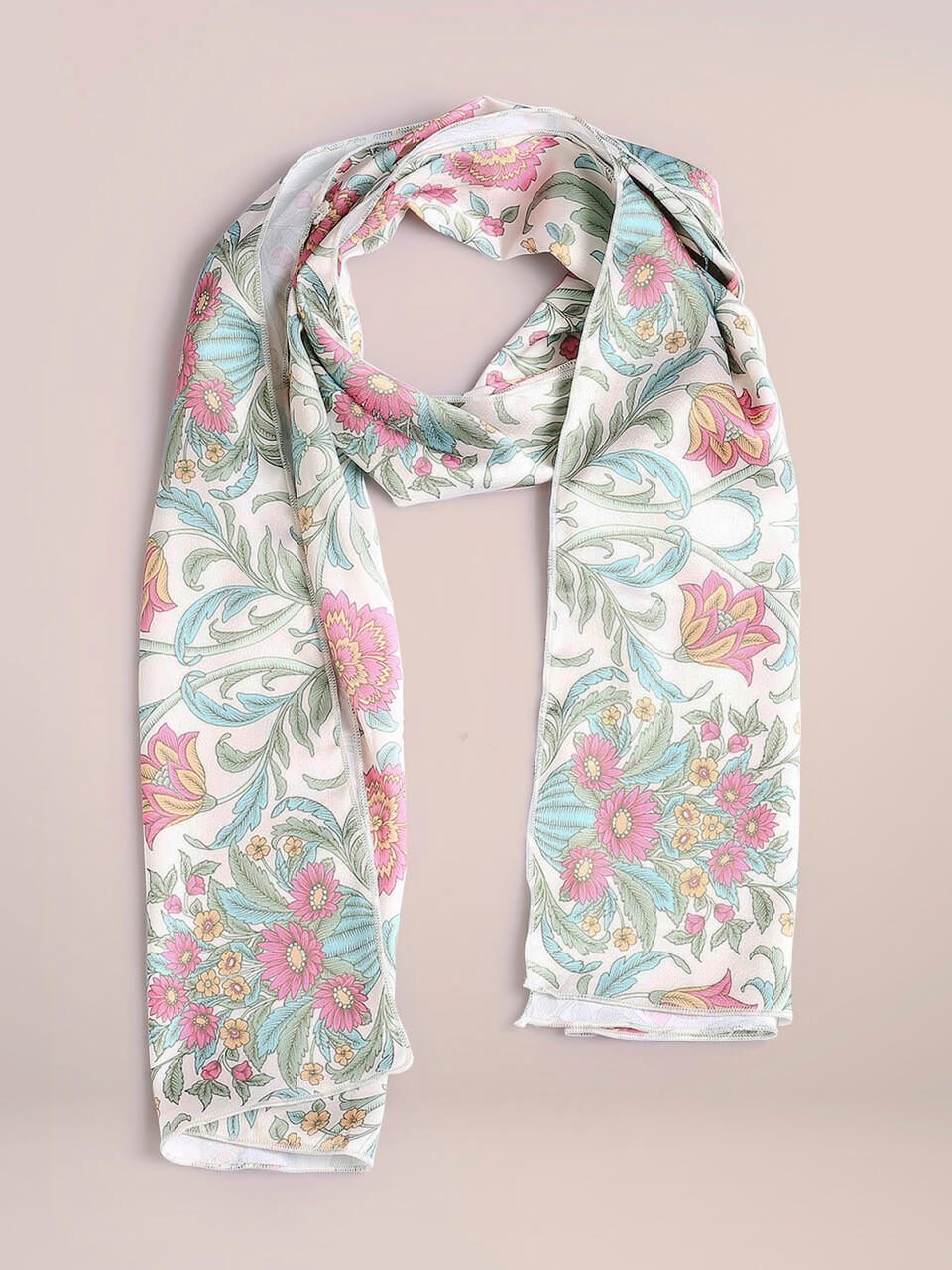 Light Gold & Multicolor Printed Satin Scarf