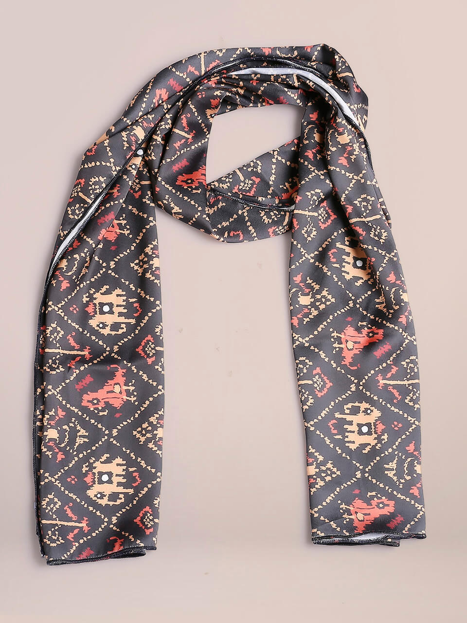 Black & Multicoloured Printed Satin Scarf 