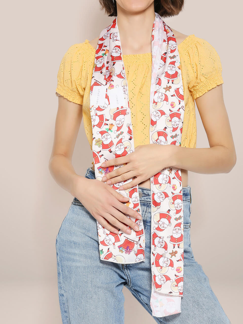 Printed Cream & Multicolor Satin Christmas Holiday Scarf/ Stole 